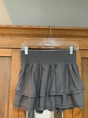 Skort with shorts inside-Tiered Smocked Waist Skirt in Charcoal Gray/khaki green